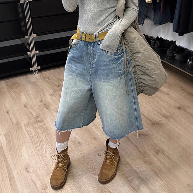 American Style Retro Washed Wear and Wear Old light blue Raffed Denim Shorts Loose Wide Leg Pants Summer Street