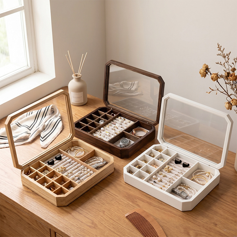 Solid Wood Jewelry Storage Box with Glass Lid, Multi-Compartment Earrings, Necklaces, and Ring Box, Desktop Jewelry Organizer, Portable Solid Wood Jewelry Storage Box with Glass Lid, Multi-Compartment Earrings, Necklaces, and Ring Box, Desktop Jewelry Organizer, Portable