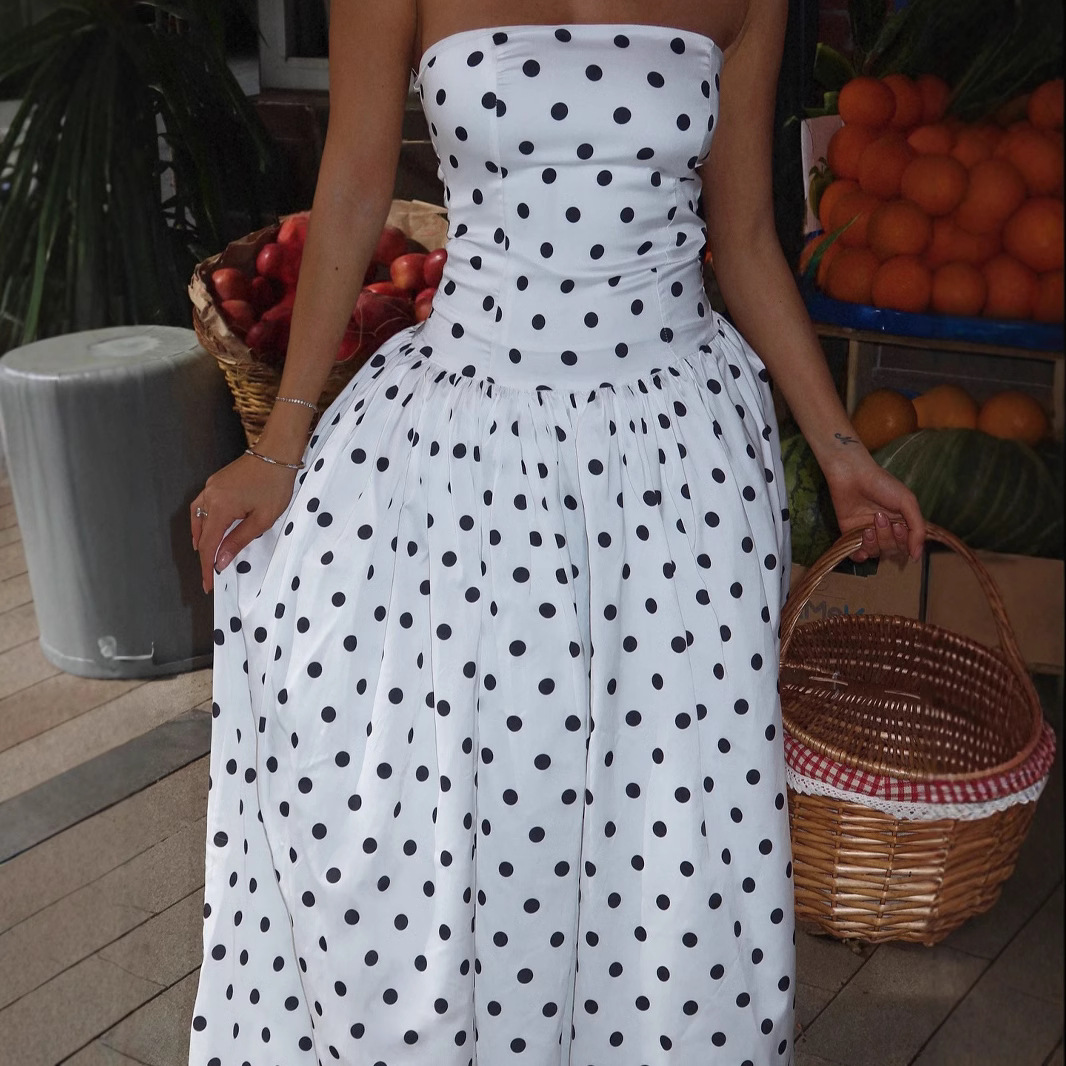 Summer New Arrival Polka Dot Retro Strapless Dress For Women American Style Off Shoulder High End Fashionable_ecoleips.com