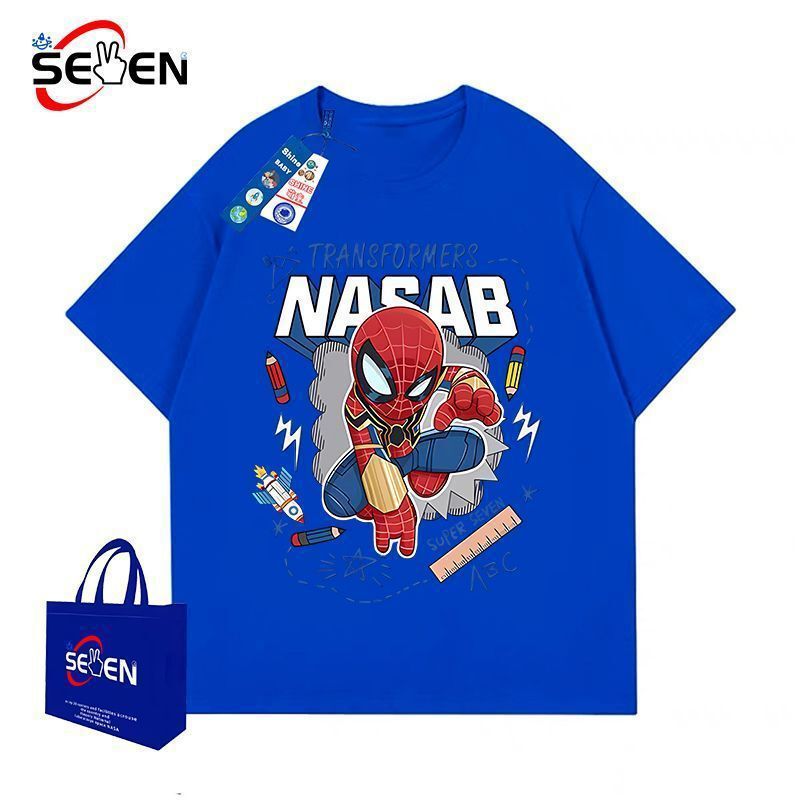 Boys' Cartoon Pure Cotton Short-Sleeve Stylish 24 Summer New Spider-Man T-Shirt for Older Children Trendy Top Half-Sleeve