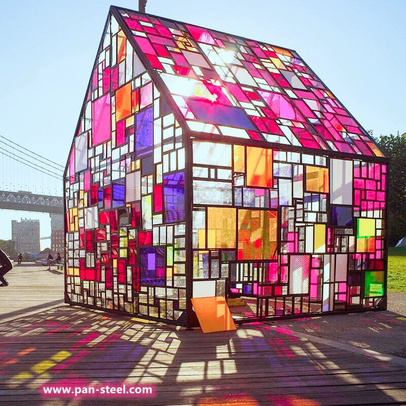 Steel frame garden house modern grill design colorful glass