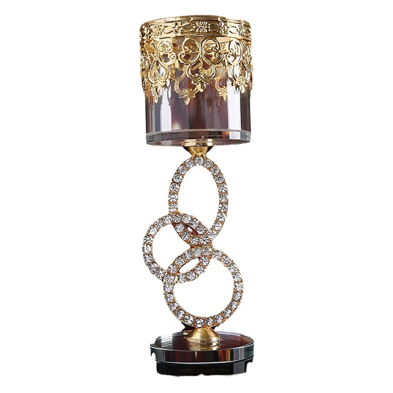 Nuevo moderno simple cilindro de cristal candelabro metal mantequilla lámpara titular diamante anillo hierro candelabro