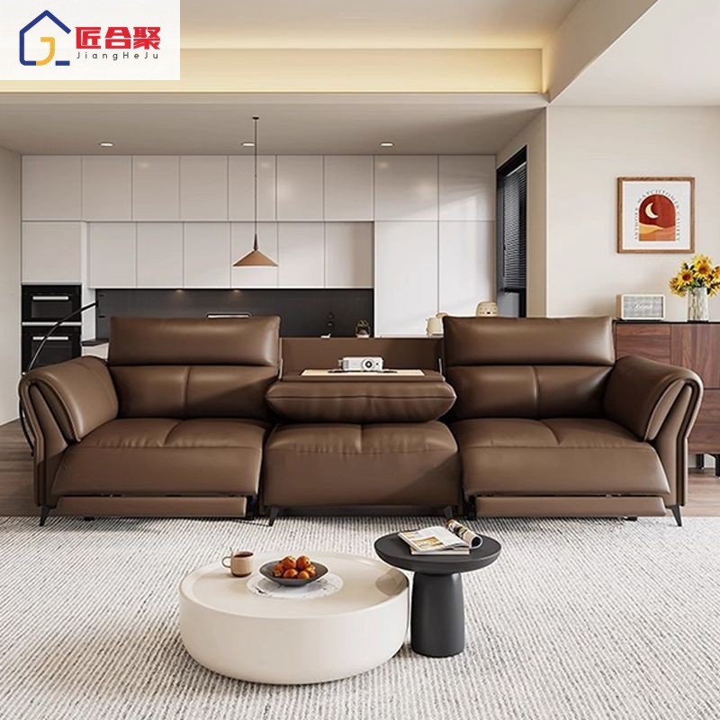 Italian-style electric functional sofa for living room, genuine leather zero-wall sofa, simple and luxurious, space-saving, small-sized cowhide sofa