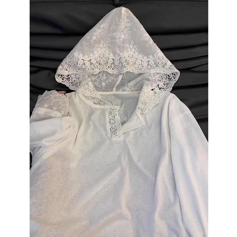 American-Style High Street Patchwork Lace Hooded Long-Sleeve T-Shirt for Women, Loose Design, Niche Fashion American-Style High Street Patchwork Lace Hooded Long-Sleeve T-Shirt for Women, Loose Design, Niche Fashion