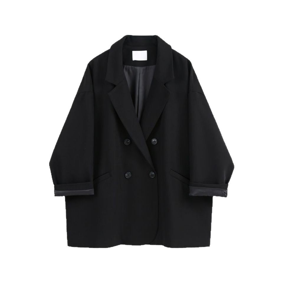 Áo blazer nữ dáng rộng cổ vest tay dài phong cách thanh lịch — quần kaki, đen, Bông đen, Kaki và bông