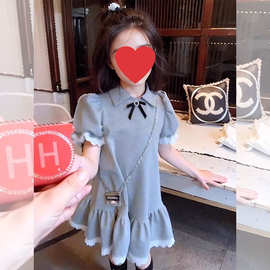 网红女童韩版休闲纯色翻领连衣裙中大童夏季新款洋气时髦公主裙潮