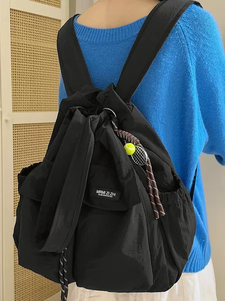 Japanese-Style Simple Washed Fabric Bag Large Capacity Workwear Drawstring Bucket Backpack Casual Lightweight Travel Backpack for Women