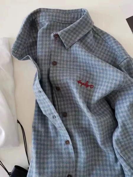 Autumn and winter plus size 120kg blue-gray plaid shirt for women with embroidered letters, loose and versatile for layering