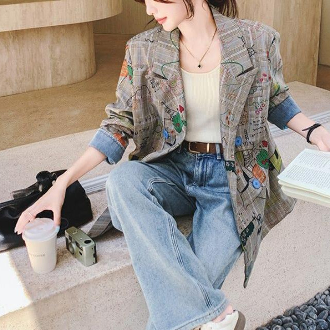 2025春秋灰色格子西装外套女时尚感爆款炸街宽松休闲涂鸦印花西服|undefined