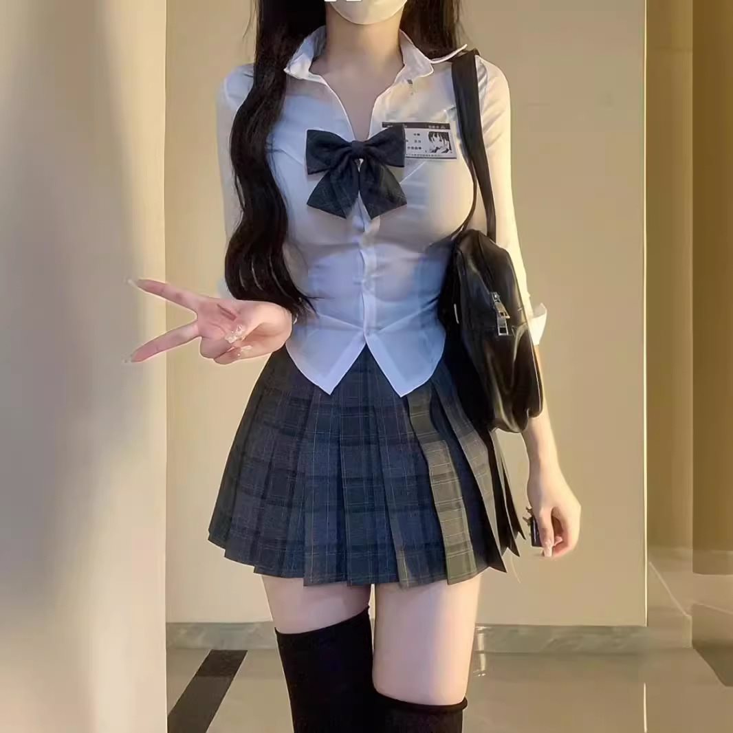 (2개) JK 유니폼 순수한 욕망 스파이스 소녀 타이트 허리 셔츠 여성의 봄과 가을 대학 스타일 화이트 셔츠 슬림 핏 슬림베이스 탑