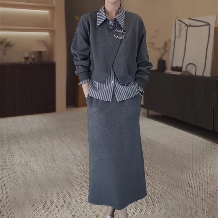 大码时尚显瘦套装裙女胖春秋宽松假两件衬衫领卫衣半身裙两件套|undefined