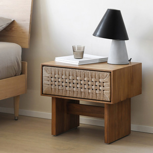 Quiet Style Solid Wood Bedside Table Rattan Woven Drawer Side Cabinet Square Simple Small Cabinet Homestay Hotel Rope Woven Furniture