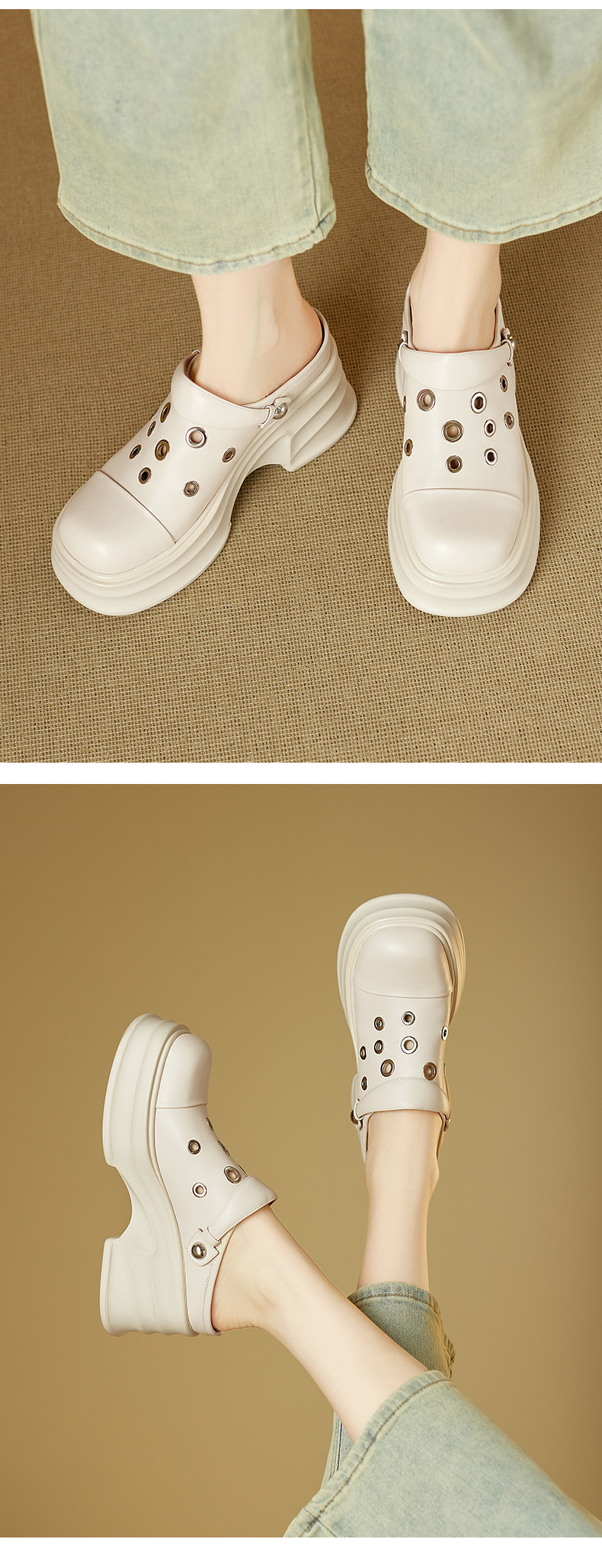 Dép sandal nữ mũi nhọn quai chữ V đế dày gót cao 9 cm — màu trắng ngà chi tiết 8