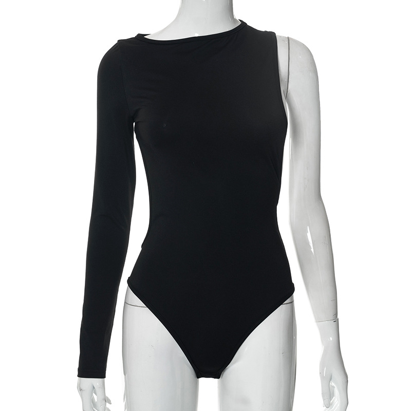 Y22BS533 Women's New Solid Casual Round Neck One Shoulder Long Sleeve Off Back Slim Fit Bodysuits_voghion.com