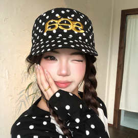 复古简约字母刺绣波点鸭舌帽女宽檐棒球帽子大头围显脸小平顶帽男