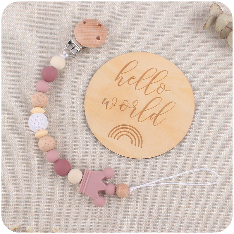 Nuevo bebé haya chupete clip de madera patrón hito tarjeta chupete cadena conjunto de dos piezas