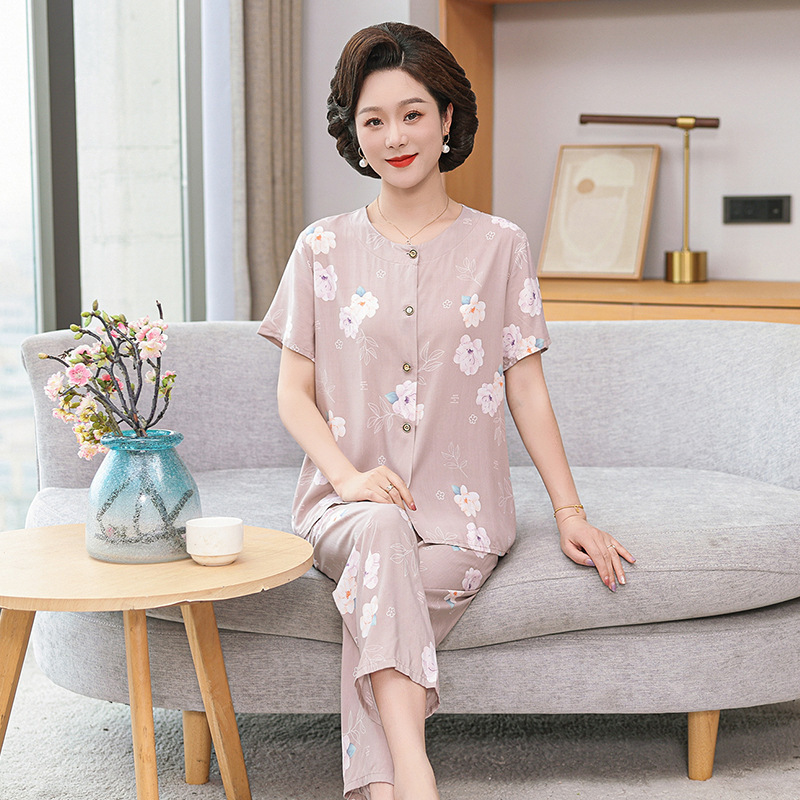 Mom's Cotton Silk Pajamas Women's Eight-point Pants Cardigan Home Clothes suit Artificial Cotton Simple Middle-aged and Elderly Pajamas Two-piece Set