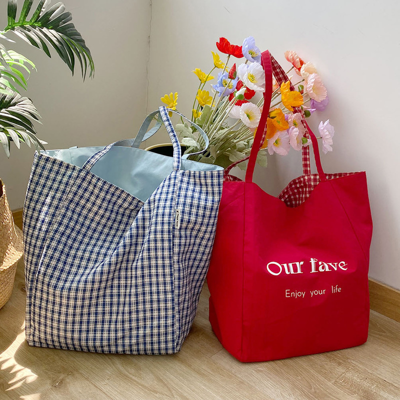 Summer Beautiful Double-sided Plaid Bag Bright-eyed Red Nilong Fresh Blue Large Capacity General Bag Korean All-match Cloth Bag Summer Beautiful Double-sided Plaid Bag Bright-eyed Red Nilong Fresh Blue Large Capacity General Bag Korean All-match Cloth Bag