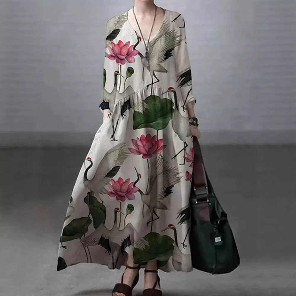 亚马逊欧美跨境2025春季新款女士碎花3D数码印花长款长袖连衣裙