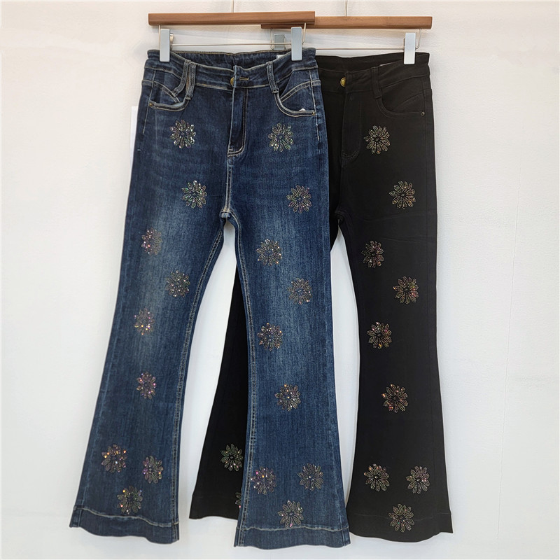 Vintage americano lavado con agua elástico flor caliente taladro de moda jeans recto para mujeres pantalones largos largos casuales de piernas anchas