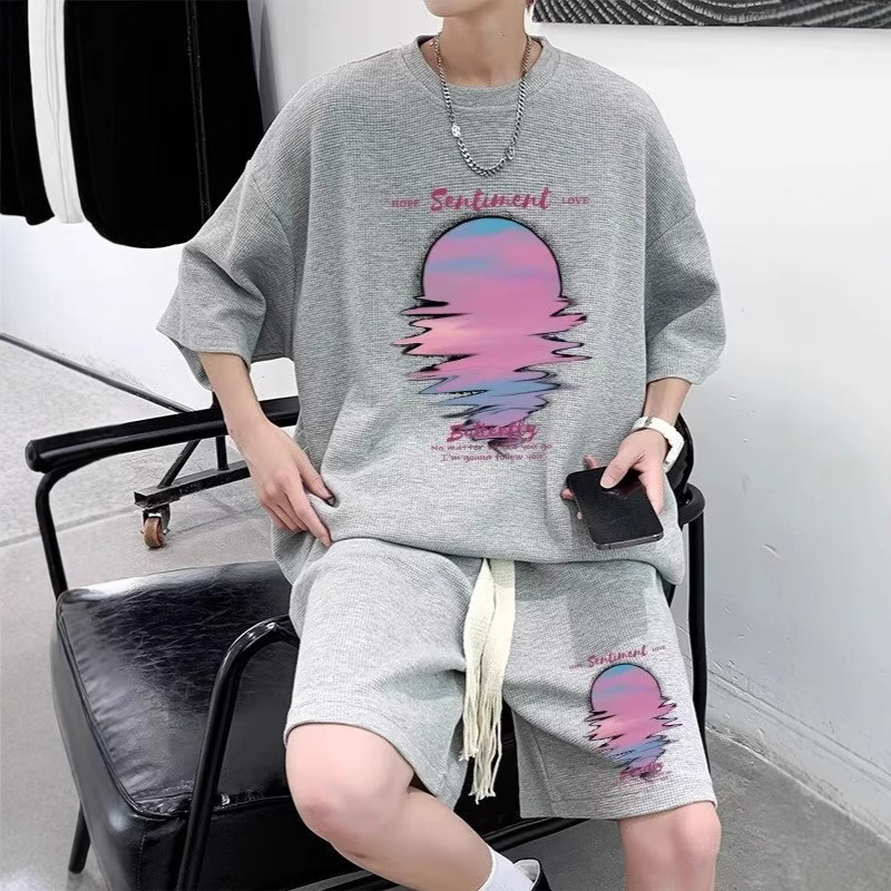 Waffle Short-Sleeve Casual Suit Men's Hong Kong Style Half-Sleeve T-Shirt Five-Point Shorts Summer Trendy Brand Ins Loose Sports Men's Clothing