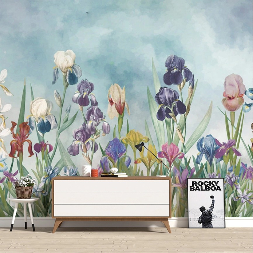 美式手绘鸢尾花墙纸客厅电视背景墙壁纸3d田园花卉卧室影视墙壁布