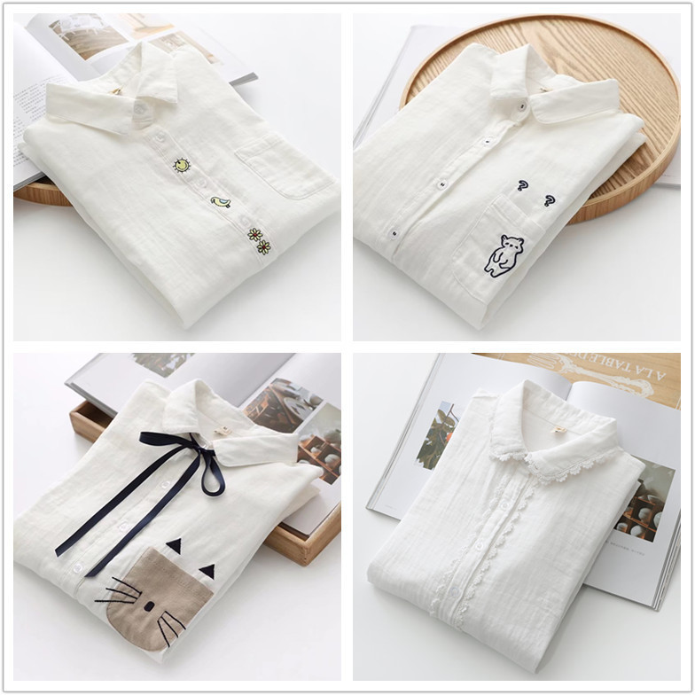 Spring and Autumn 2023 New Cotton Double-layer Yarn White Shirt Women's Long-sleeved Artistic Embroidered Student Shirt Large Size