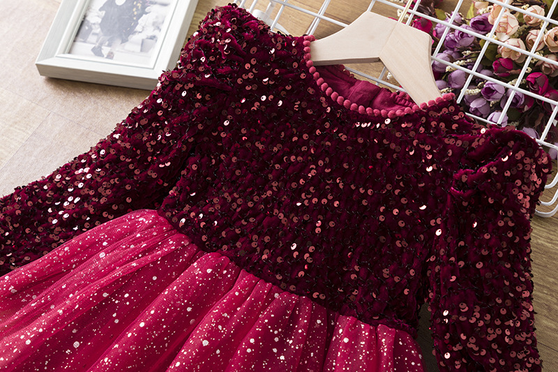 Girls' Sequin Winter Children's Girl Princess Fashionable Splicing Fluffy Yarn Dress Trend_voghion.com