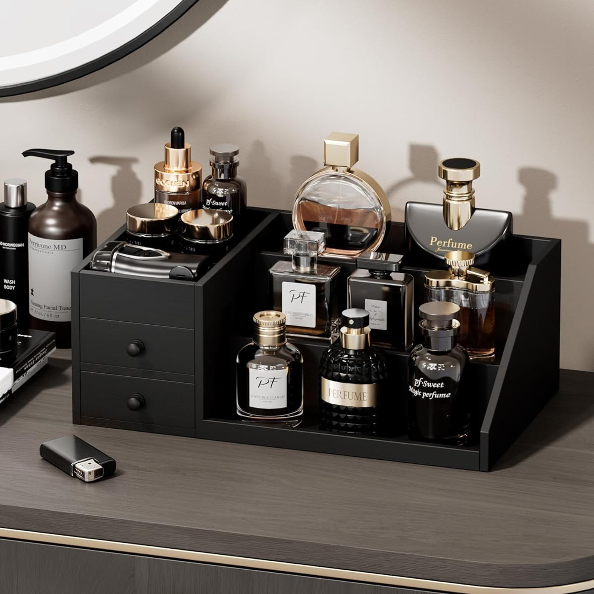 Wooden table black storage box