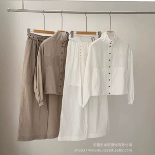 高版本26春夏新款梭织立领宽松亚麻夹克上衣休闲直筒长裤两件套女
