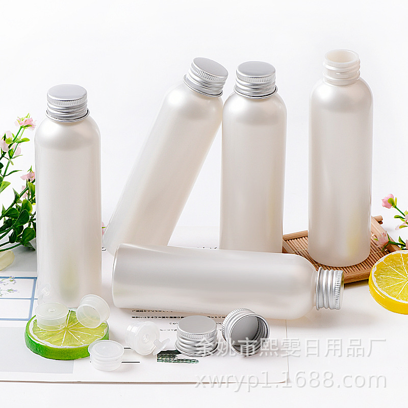 150ml毫升圆肩瓶珠光白配24口铝盖金色古铜银色含内塞pet空瓶厂家