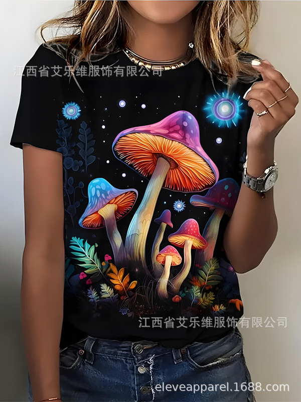 有趣的印花T恤植物图案3D打印女性休闲短袖蘑菇元素圆领T恤女上衣|undefined