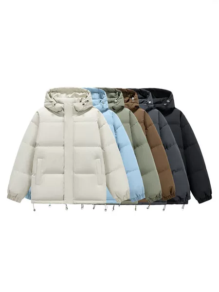 Hooded thickened cotton jacket for men, new winter solid color warm puffer coat, couple's loose-fitting sports cotton coat