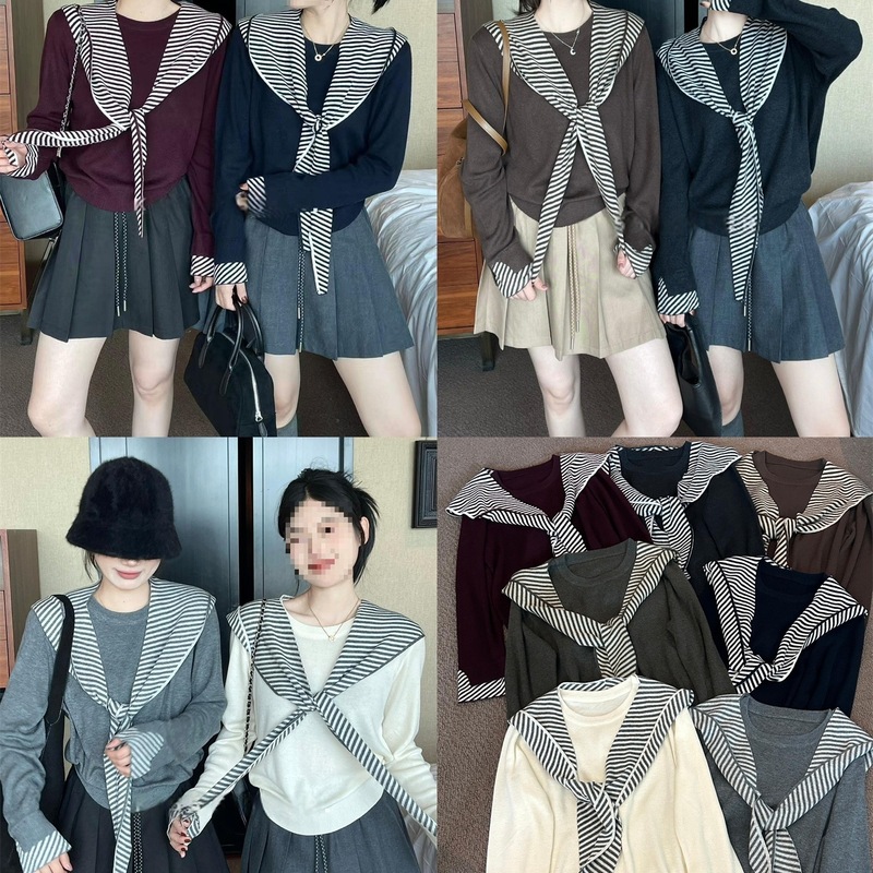 学院风灰色条纹披肩长袖针织衫女秋季韩系穿搭别致慵懒风上衣|undefined