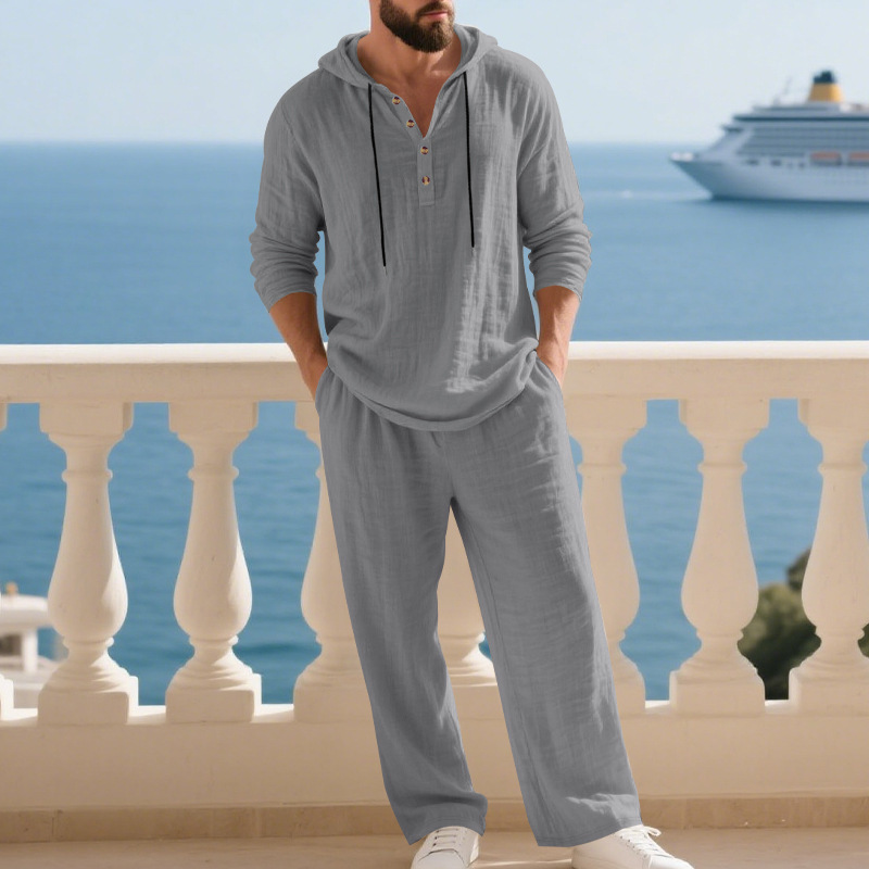 Independent website 2026 new autumn men's casual home wear set, cross-border long-sleeved trousers, hooded jumpsuit men's clothing