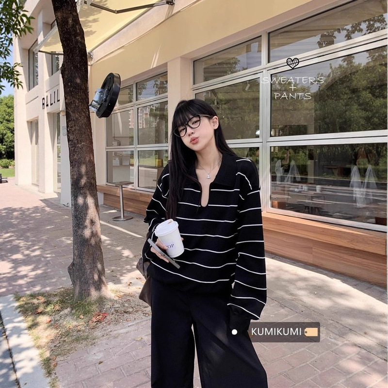 Contrast Color Striped Lapel Long-Sleeved Pullover Sweater for Women, Autumn Retro Lazy Knitwear, Age-Reducing Loose and Versatile Top
