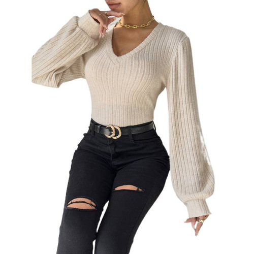 Exclusive Elegant Frayed Pit-Style Lantern Sleeve Long-Sleeve Knit Bodycon Top for Women