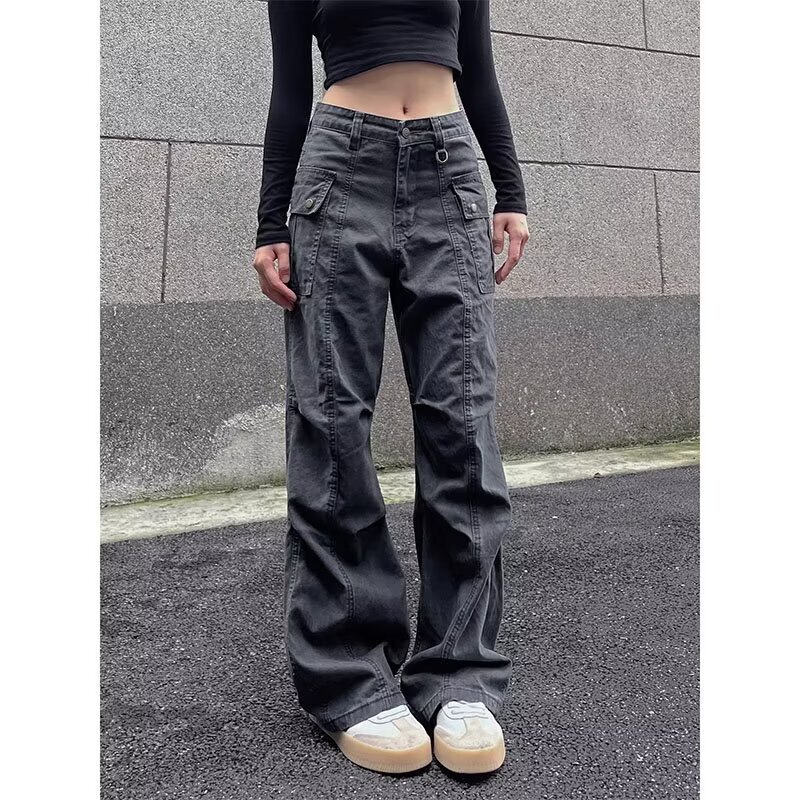 2025 American Retro Crane Pants Paratrooper Straight Tube Old Pleated Denim Spice Girl Casual Pants Men's and Women's Stitching Complex