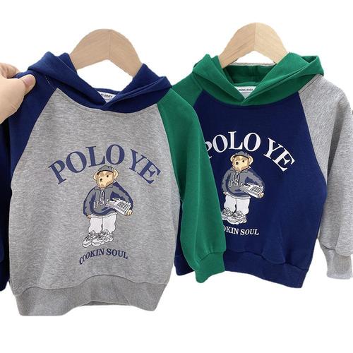 Children's sweatshirt spring 2024 Korean style boys color block pullover hooded tops for big children spring and autumn cartoon children's clothing trend