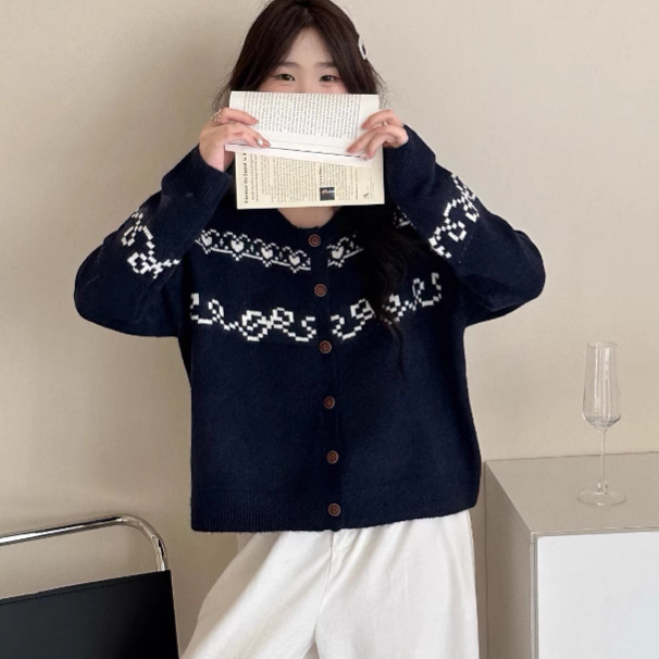 レトロな花柄刺繍ジャカードデザインニッチ長袖セーターカーディガンカラーブロックセーターシングルブレストジャケット女性用|undefined