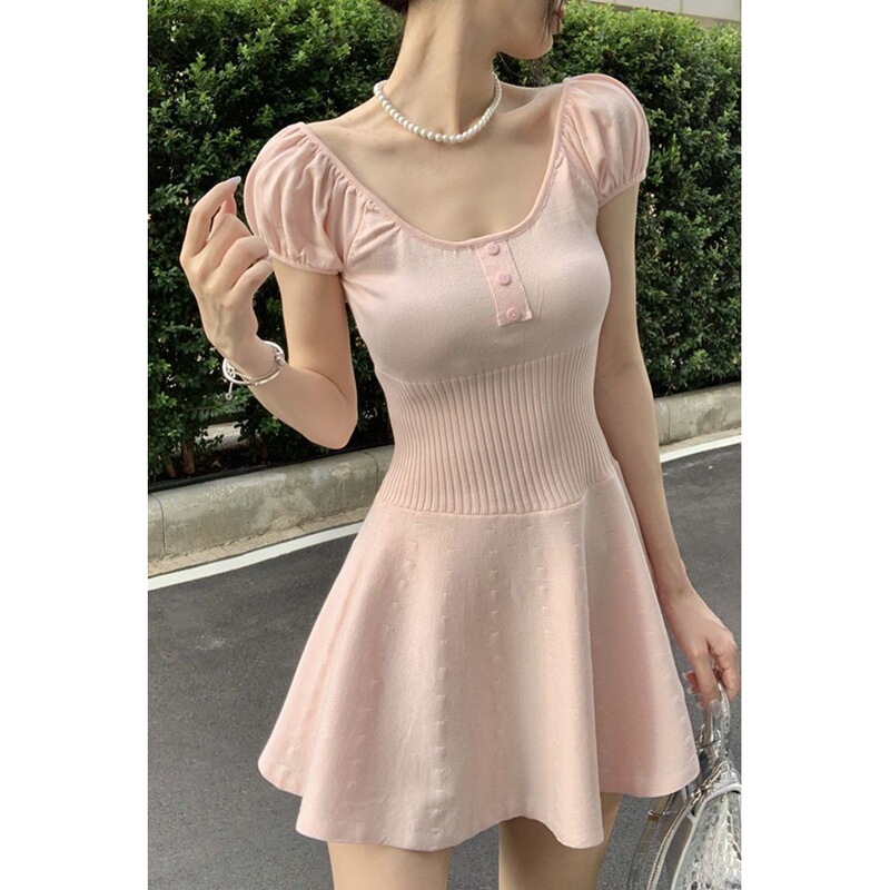 Pure Desire Waist-Cinching Knitted Dress for Women, Slim Fit Summer Ice Silk Dress, Sweet Puff Sleeves, Square Neck Short Dress, Summer Pure Desire Waist-Cinching Knitted Dress for Women, Slim Fit Summer Ice Silk Dress, Sweet Puff Sleeves, Square Neck Short Dress, Summer