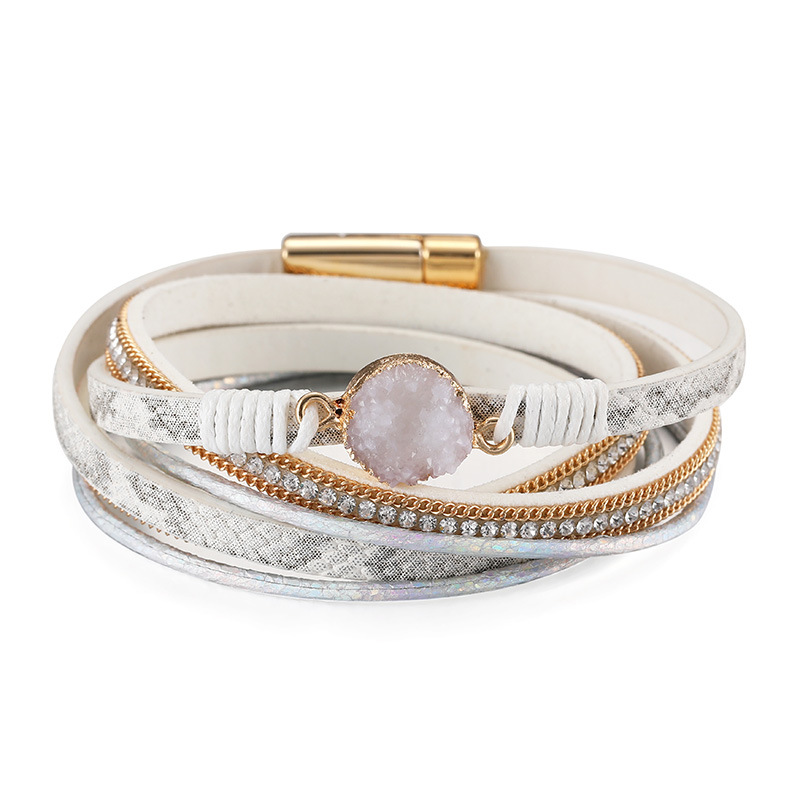 Pu Leather Material Ethnic Style Simple Style Round Pu Leather Layered Inlay Artificial Crystal Women's Bangle