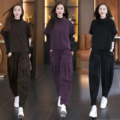 大码女装2026春秋新款胖MM时尚减龄宽松立领半袖上衣哈伦裤两件套