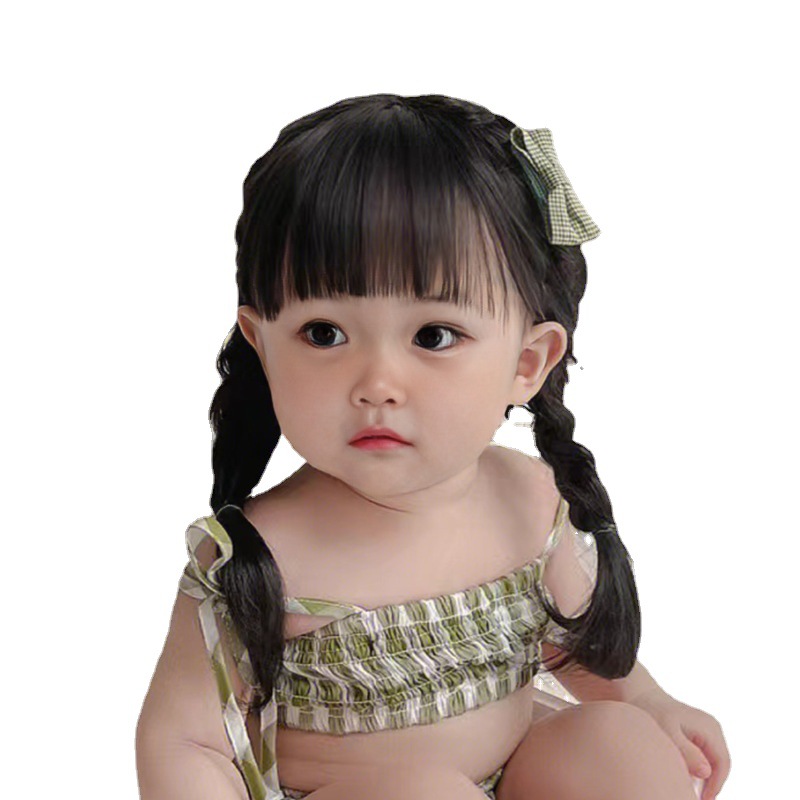 Peluca DE LOS NIÑOS femeninos giro artificial larga trenza bebé foto doble cola caballo aire flequillo cabeza completa cubierta fábrica al por mayor