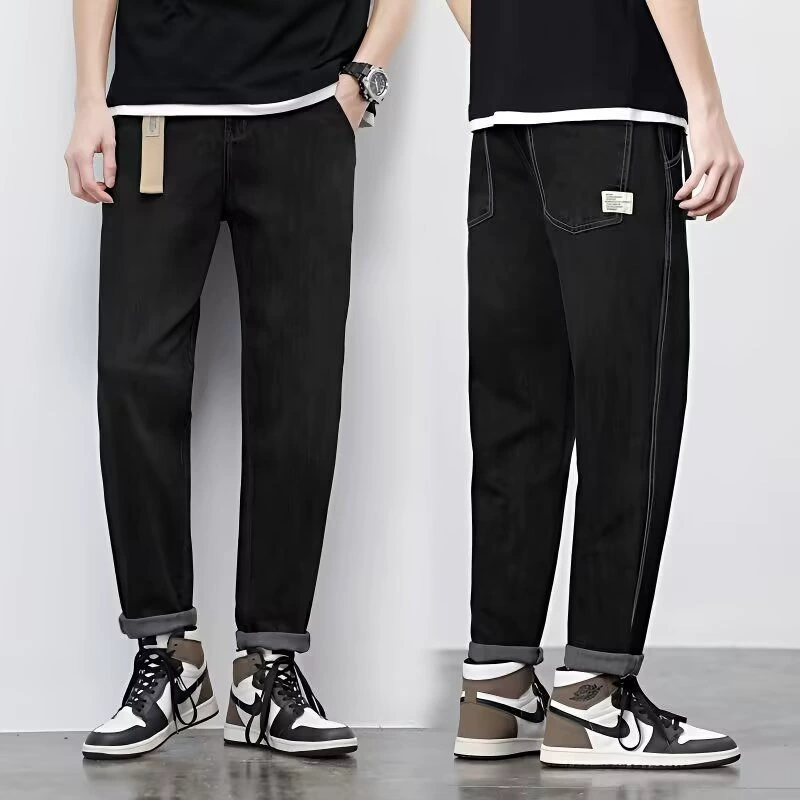 Джинсы 2024, новые мужские осенние тонкие прямые свободные американские уличные брюки, модные универсальные повседневные укороченные брюки