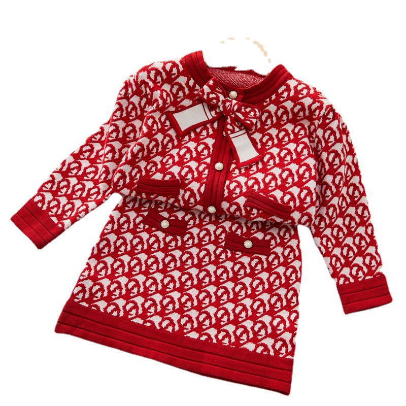 Meisjestrui 2022 Herfst/Winter Kleine Geurige Wind Kinderen Gebreid Vest + Halve Rok Tweedelige Set_voghion.com