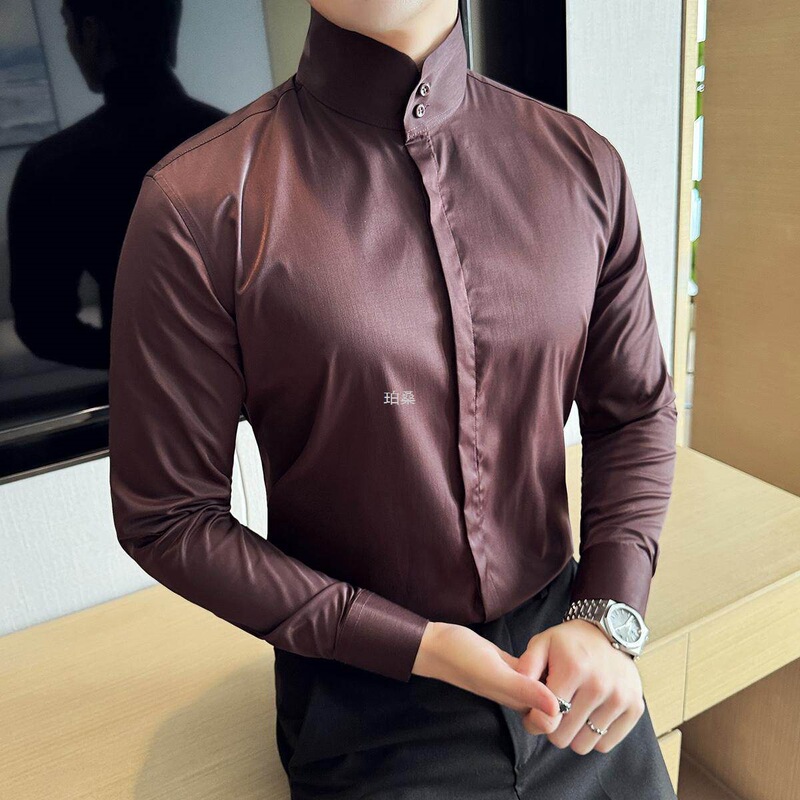 New Chinese-Style Stand-Collar Shirt for Men, Long-Sleeved, High-End, Business Casual, Versatile, Slim-Fit, Solid Color, High-Neck, Hidden Placket Shirt New Chinese-Style Stand-Collar Shirt for Men, Long-Sleeved, High-End, Business Casual, Versatile, Slim-Fit, Solid Color, High-Neck, Hidden Placket Shirt