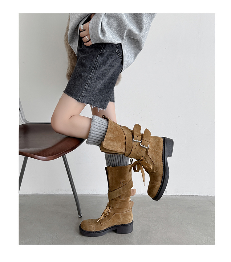 Boot cao bồi cổ trung bình da bò lộn phong cách retro, gót thấp khóa thắt lưng — đen, màu nâu sẫm, kaki chi tiết 19