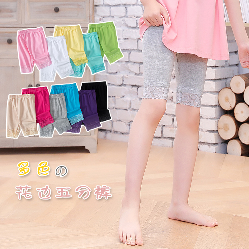 New summer children's five-point pants, Korean style, girls' mid-length pants, thin cotton, lace trim at the ankle, children's leggings.