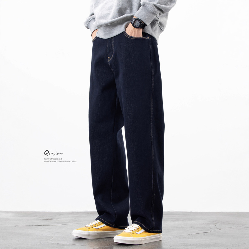 Qinglan American Original Color Jeans Men's Straight Loose Large Size Stretch Pants Fleece-Lined Thickeneded 2025 New Winter